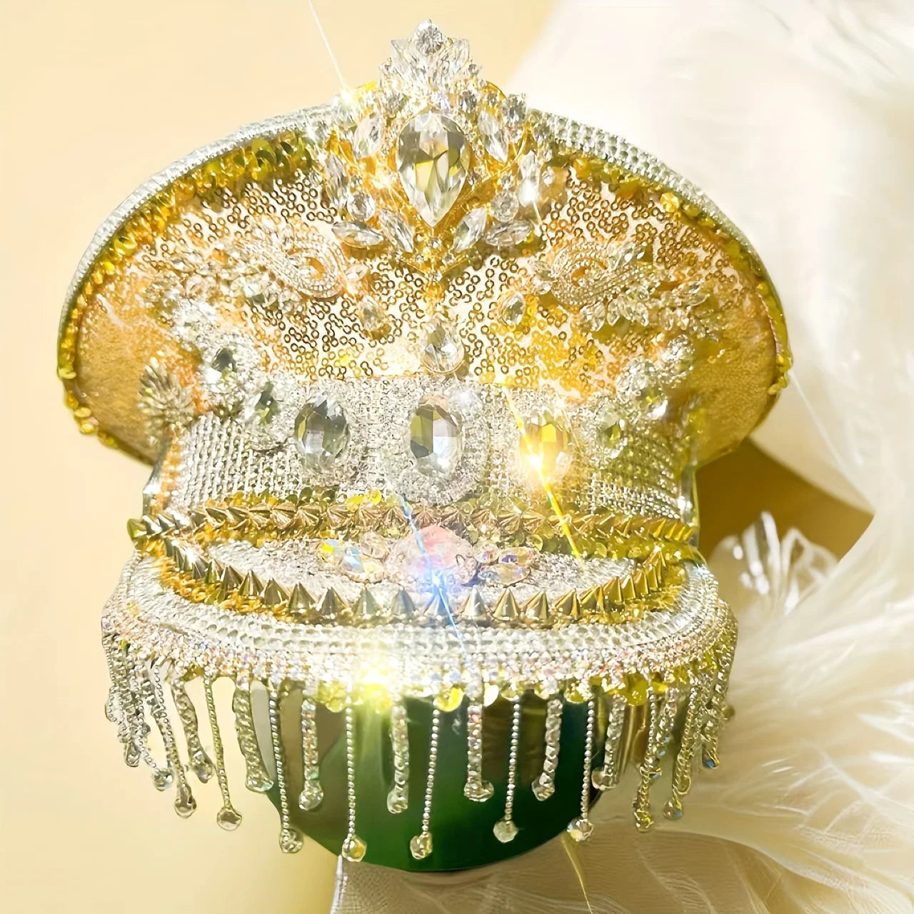 Gold Royal Festival Captain Hat – Handmade Sequin Crown with Tassels by Glovia