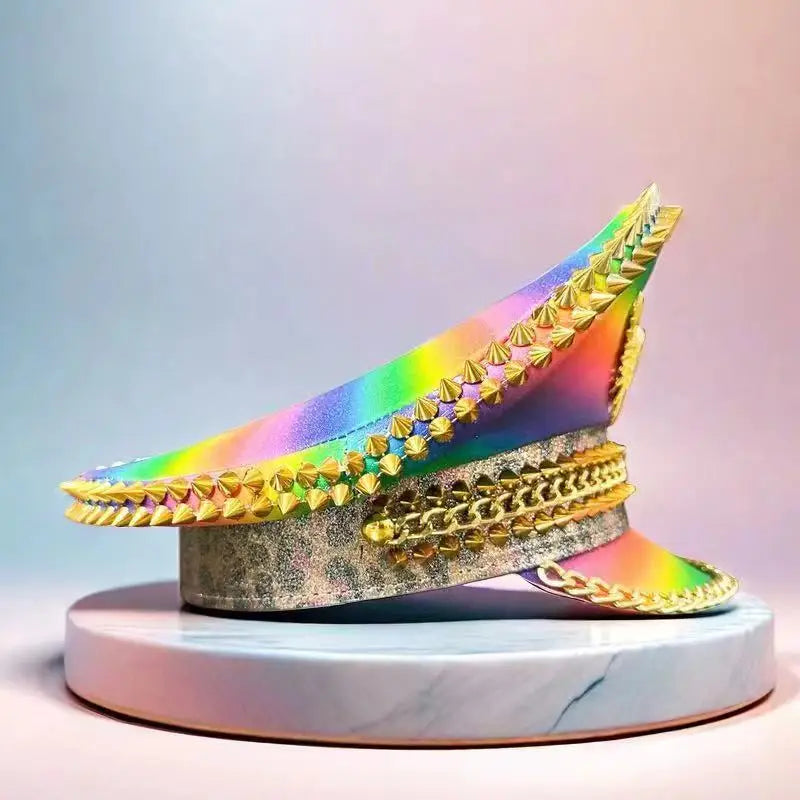 Rainbow Crystal Festival Hat – Sequin Spiked Cap for Rave, Pride & Glam Events | Handmade by Glovia Headwear