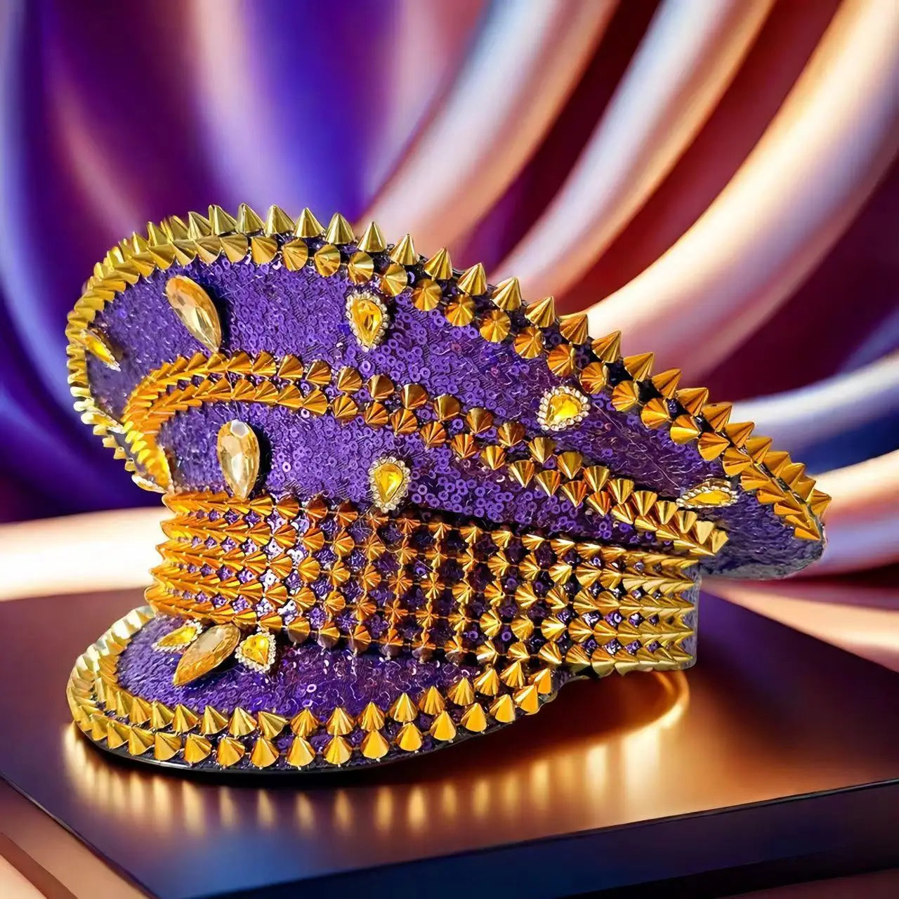 Royal Purple & Gold Festival Hat – Handmade Glam Sequin Military Cap for Parties & Masquerades