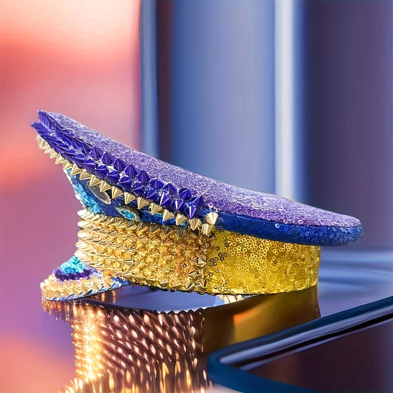Royal Moonlight Festival Captain Hat – Blue & Gold Handmade Glam by Glovia Headwear