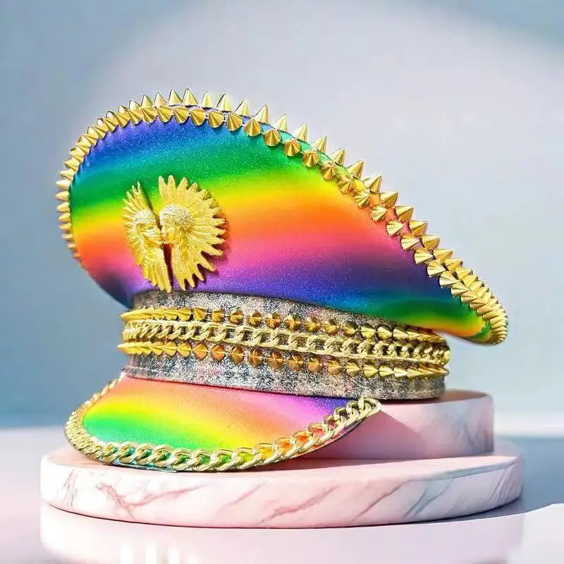 Rainbow Crystal Festival Hat – Sequin Spiked Cap for Rave, Pride & Glam Events | Handmade by Glovia Headwear