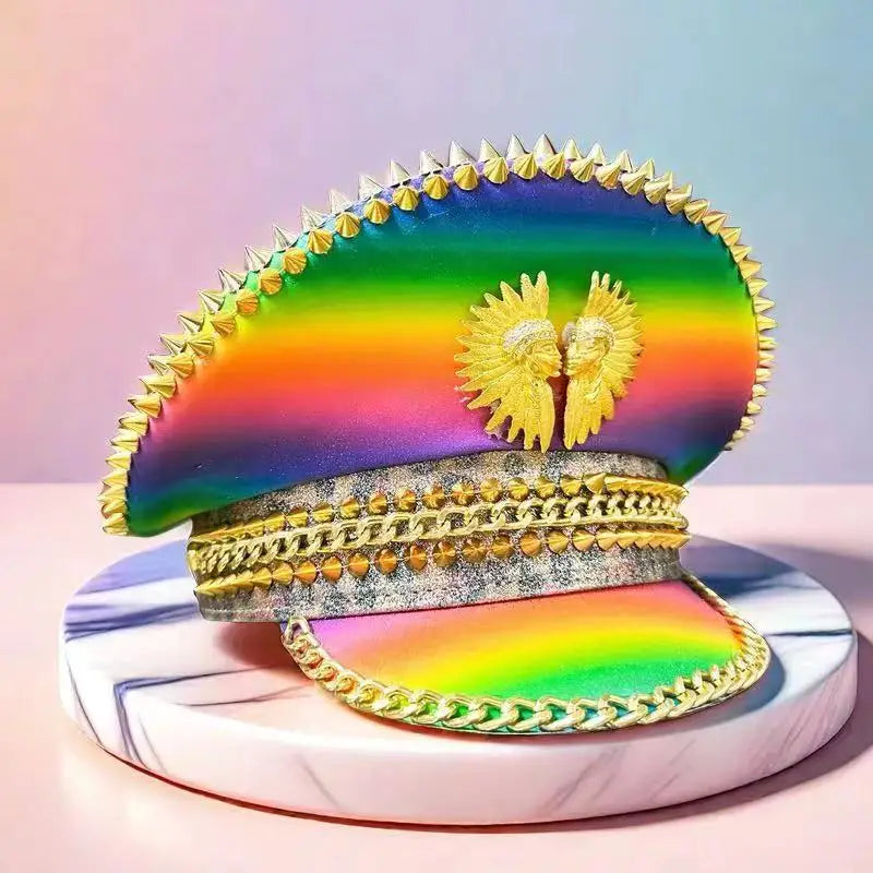 Rainbow Crystal Festival Hat – Sequin Spiked Cap for Rave, Pride & Glam Events | Handmade by Glovia Headwear
