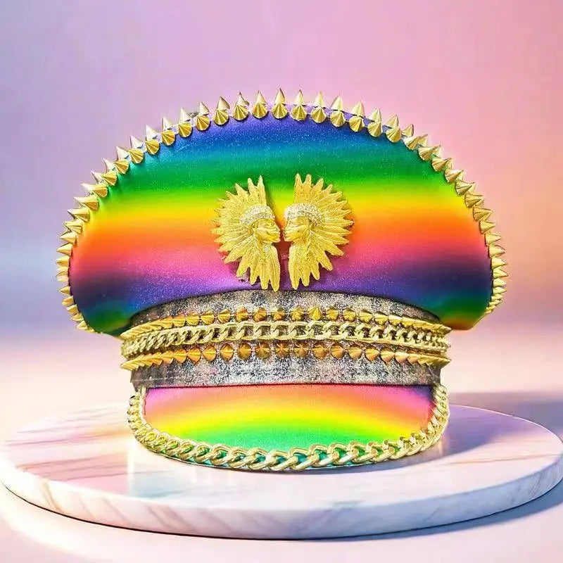 Rainbow Crystal Festival Hat – Sequin Spiked Cap for Rave, Pride & Glam Events | Handmade by Glovia Headwear
