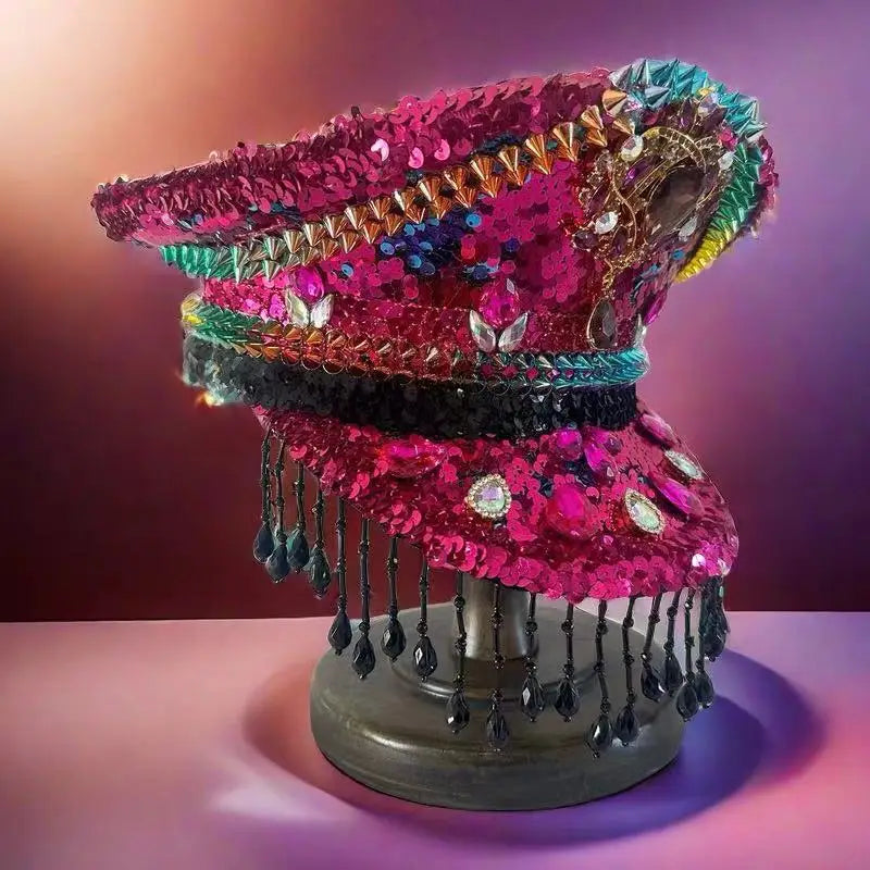 Multicolor Fringe Festival Captain Hat – Handmade Maximalist Magic by Glovia Headwear