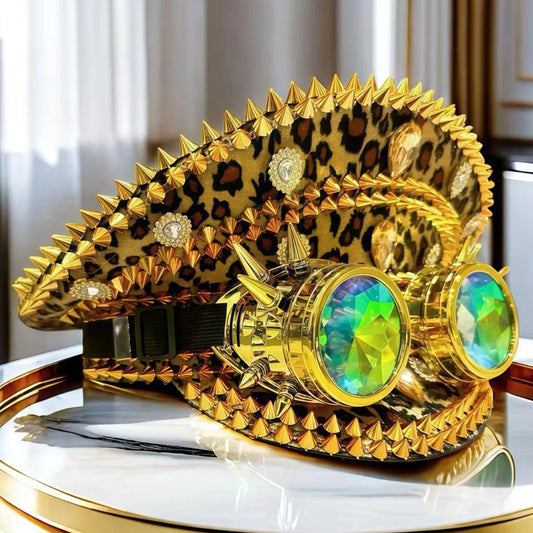 Leopard Steampunk Festival Hat – Handmade Captain Cap with Goggles by Glovia Headwear