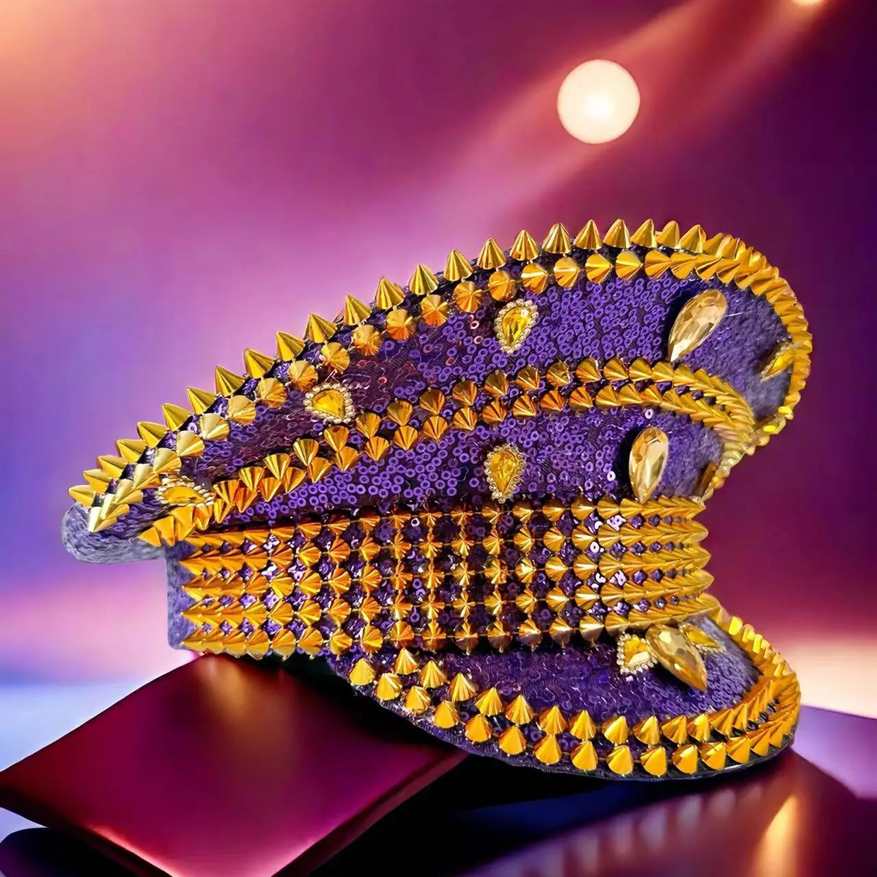 Royal Purple & Gold Festival Hat – Handmade Glam Sequin Military Cap for Parties & Masquerades