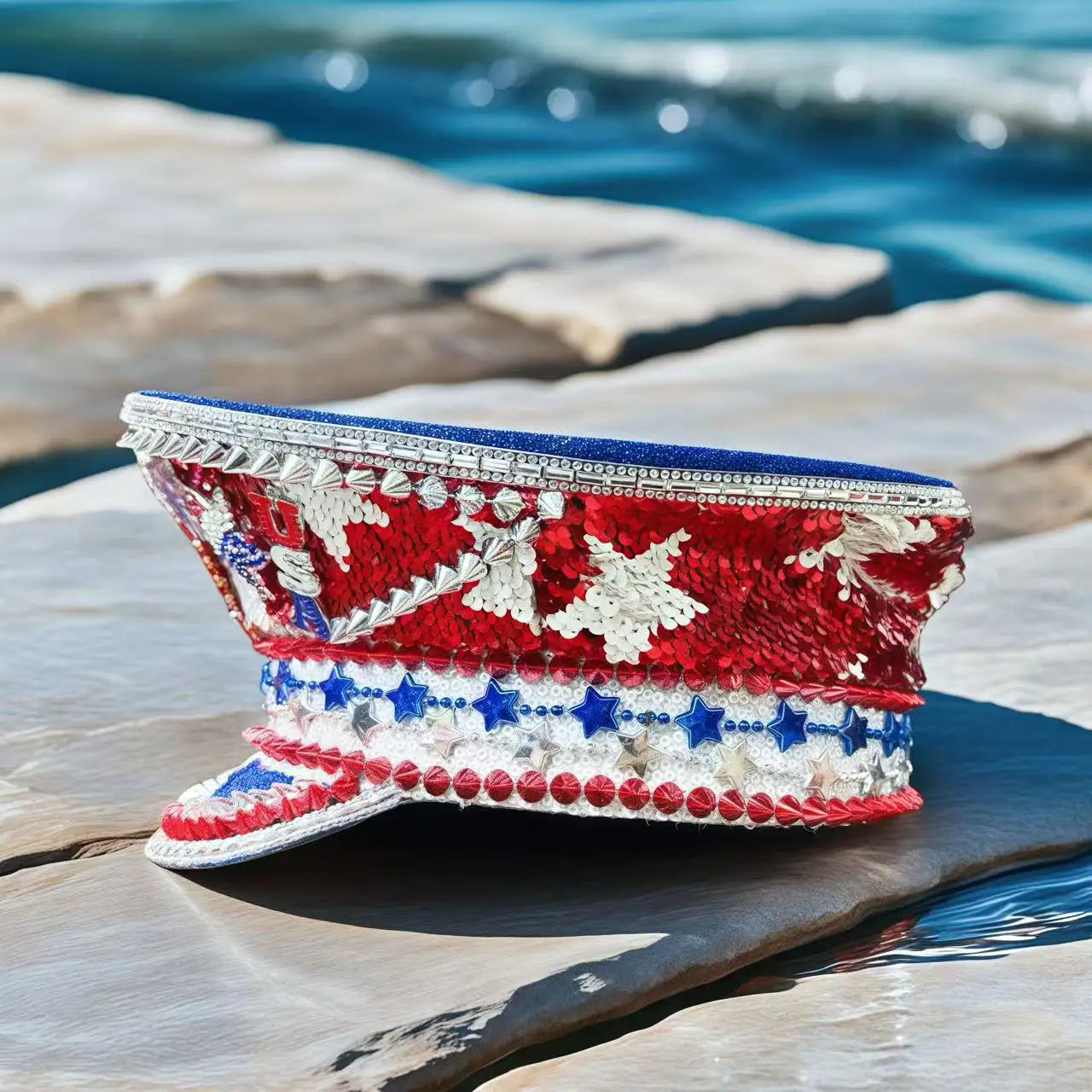 Patriotic USA Festival Captain Hat – Handmade Sequin & Rhinestone Cosplay Cap | Glovia Headwear