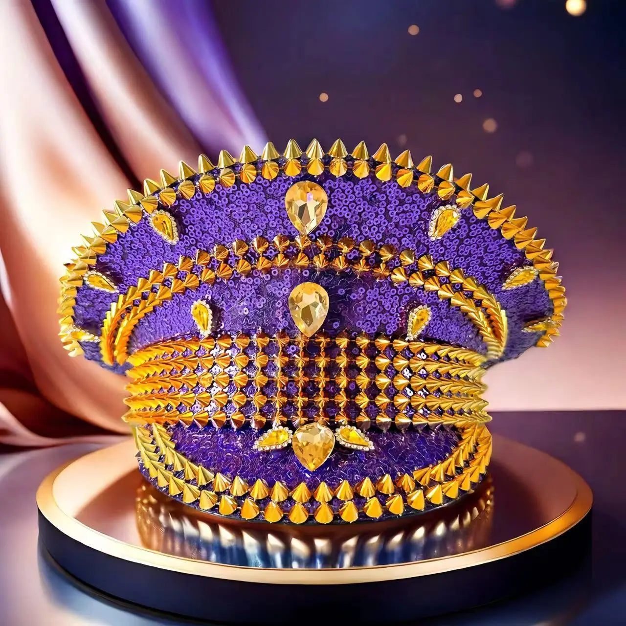 Royal Purple & Gold Festival Hat – Handmade Glam Sequin Military Cap for Parties & Masquerades