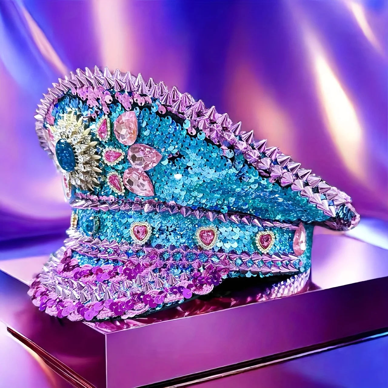 Purple Sequin Rhinestone Festival Hat – Handmade Glam Military Cap for Hen Parties & Costume Events | Glovia Headwear