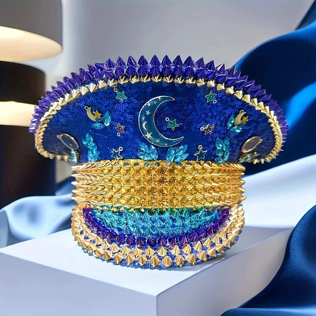 Royal Moonlight Festival Captain Hat – Blue & Gold Handmade Glam by Glovia Headwear