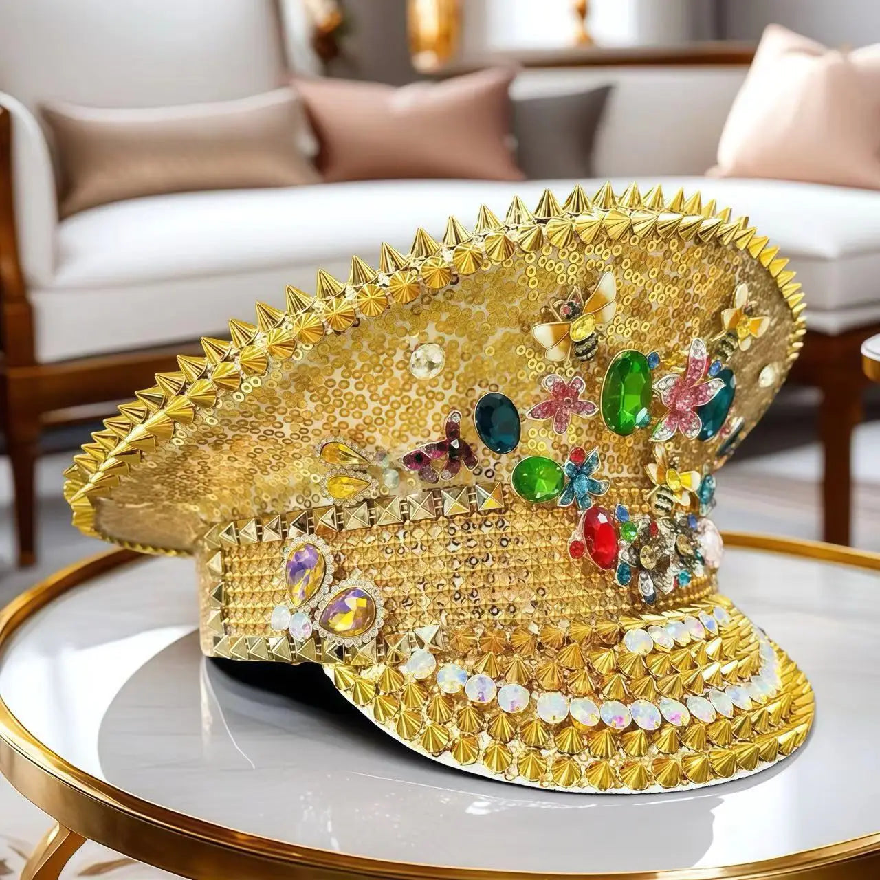 Golden Bee Festival Captain Hat – Handmade Rhinestone & Sequin Cap | Glovia Headwear