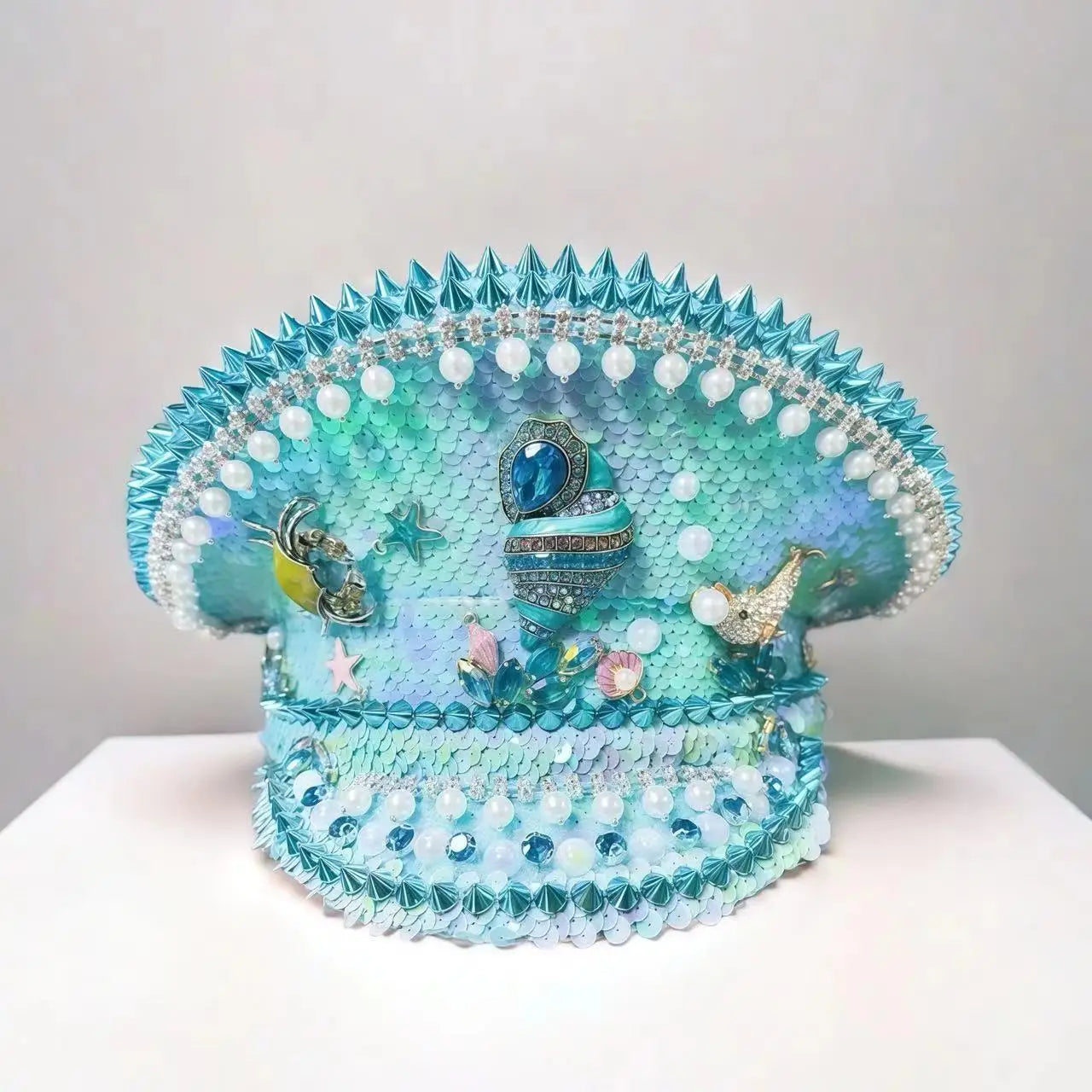 Ocean Shell Festival Captain Hat – Handmade Blue Fantasy by Glovia Headwear