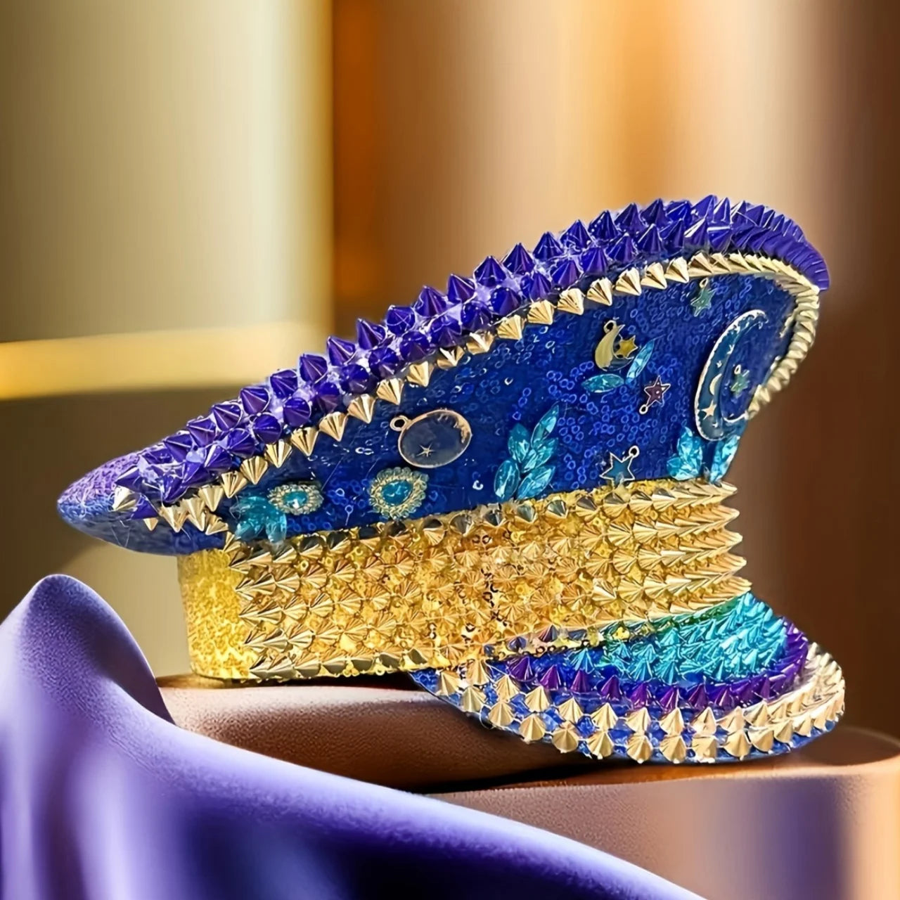 Royal Moonlight Festival Captain Hat – Blue & Gold Handmade Glam by Glovia Headwear