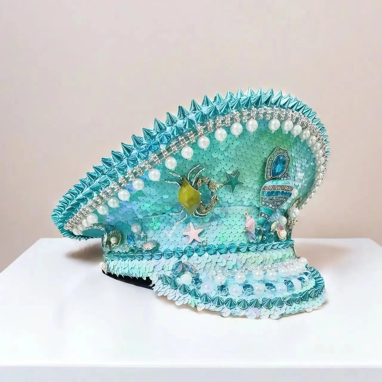 Ocean Shell Festival Captain Hat – Handmade Blue Fantasy by Glovia Headwear