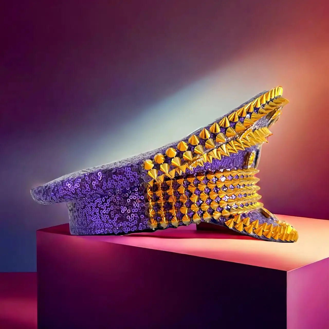 Royal Purple & Gold Festival Hat – Handmade Glam Sequin Military Cap for Parties & Masquerades