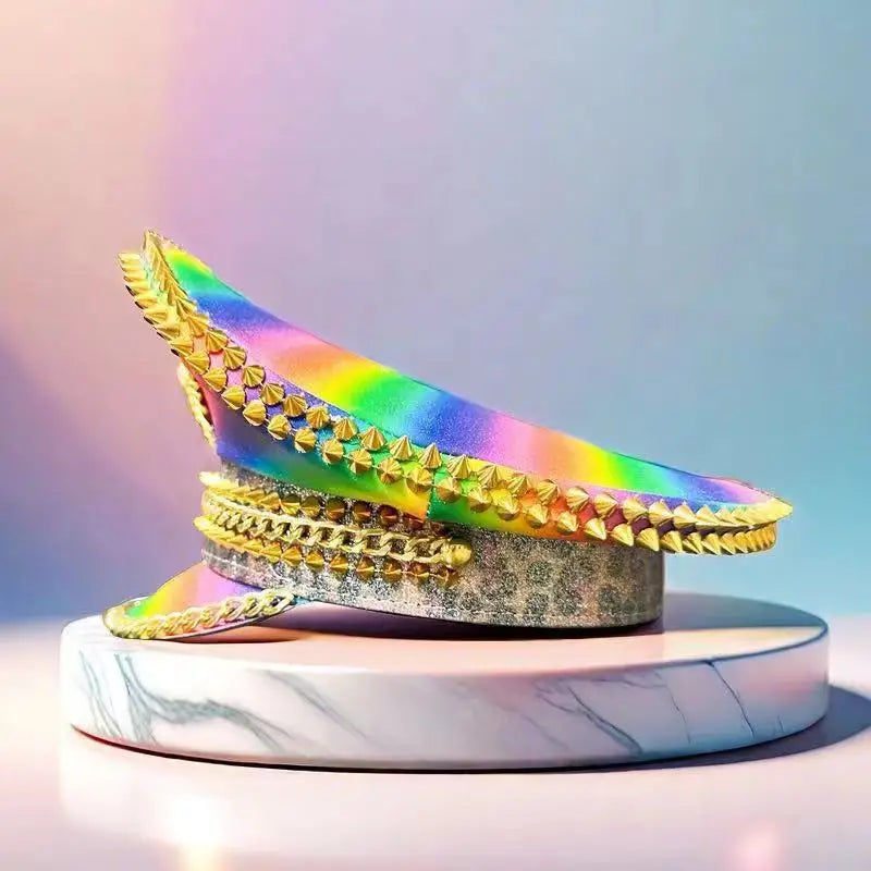 Rainbow Crystal Festival Hat – Sequin Spiked Cap for Rave, Pride & Glam Events | Handmade by Glovia Headwear