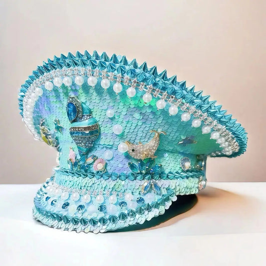 Ocean Shell Festival Captain Hat – Handmade Blue Fantasy by Glovia Headwear