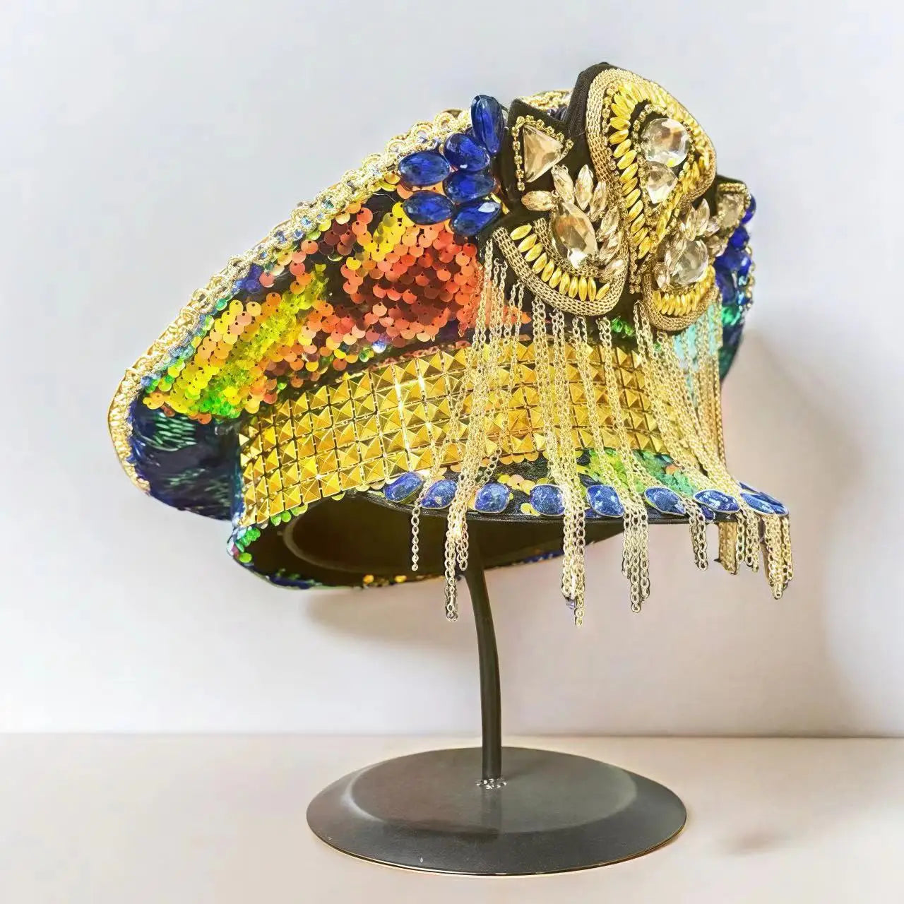 Bling Festival Captain Hat – Handmade Yellow Sequin & Rhinestone Steampunk Rave Cap | Glovia Headwear
