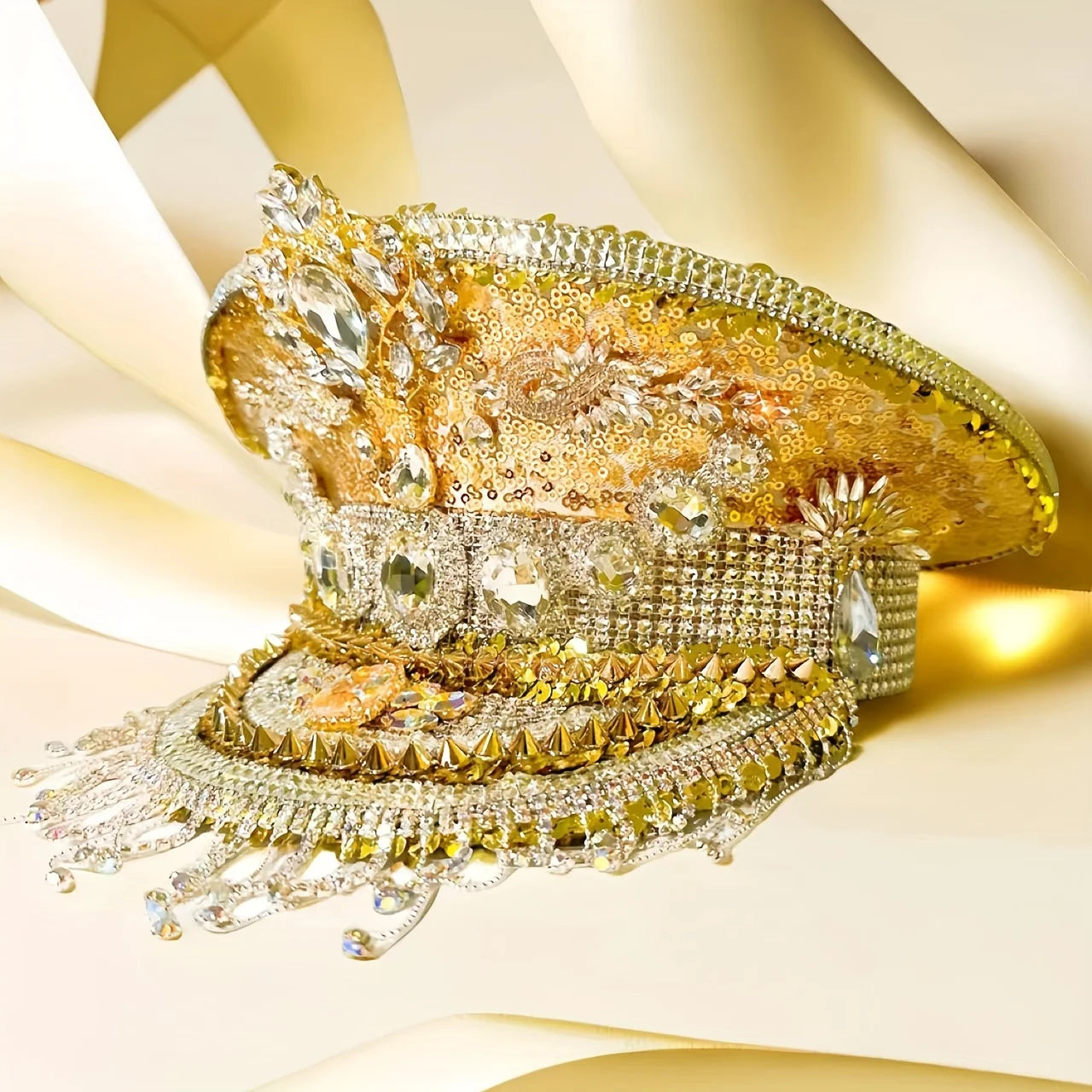 Gold Royal Festival Captain Hat – Handmade Sequin Crown with Tassels by Glovia
