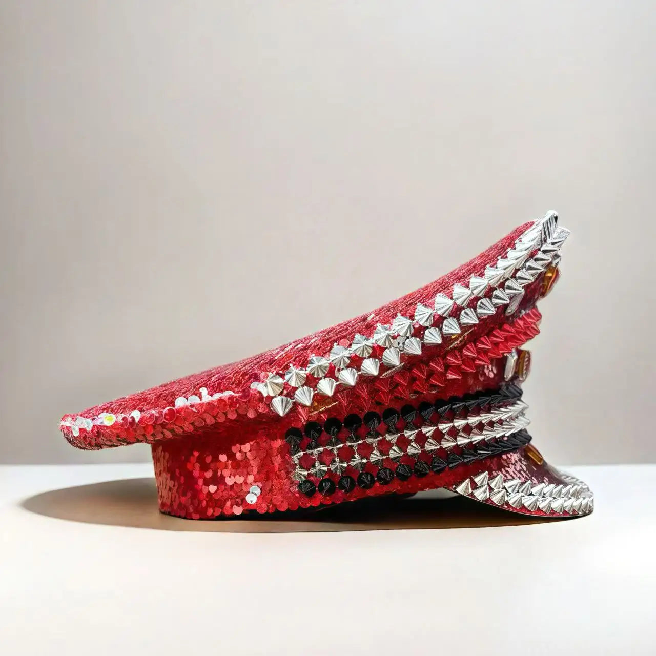 Red Royal Sequin Festival Hat – Handmade Rhinestone Captain Cap | Glovia Headwear