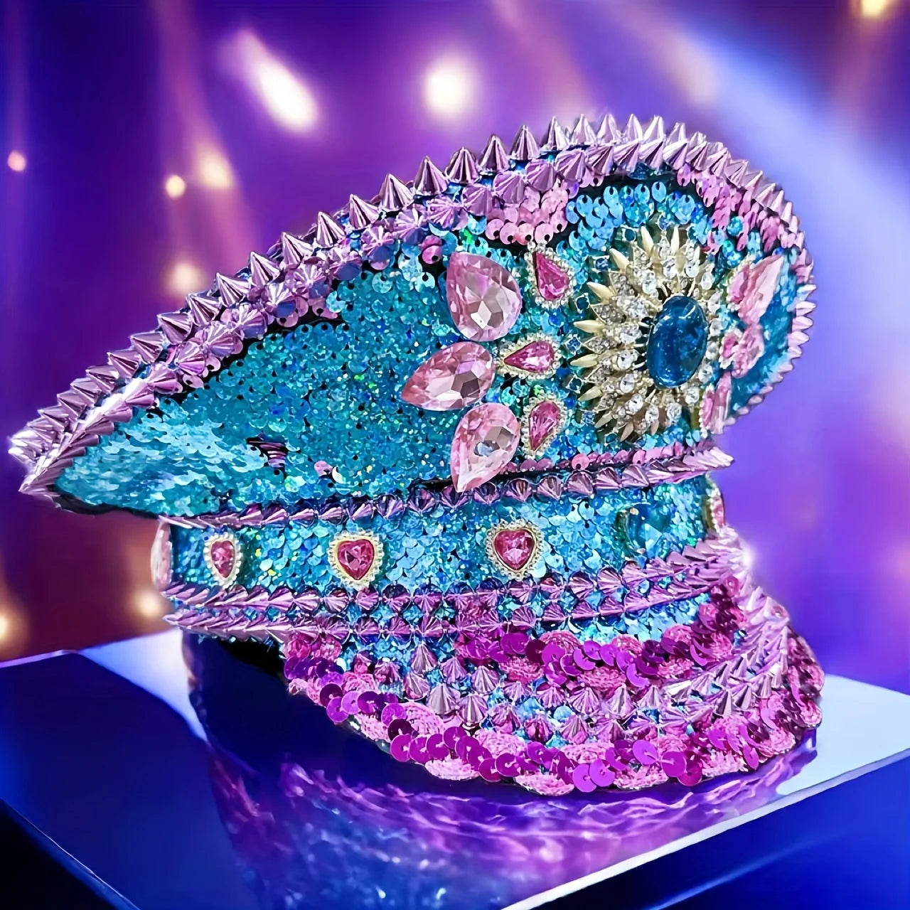 Purple Sequin Rhinestone Festival Hat – Handmade Glam Military Cap for Hen Parties & Costume Events | Glovia Headwear