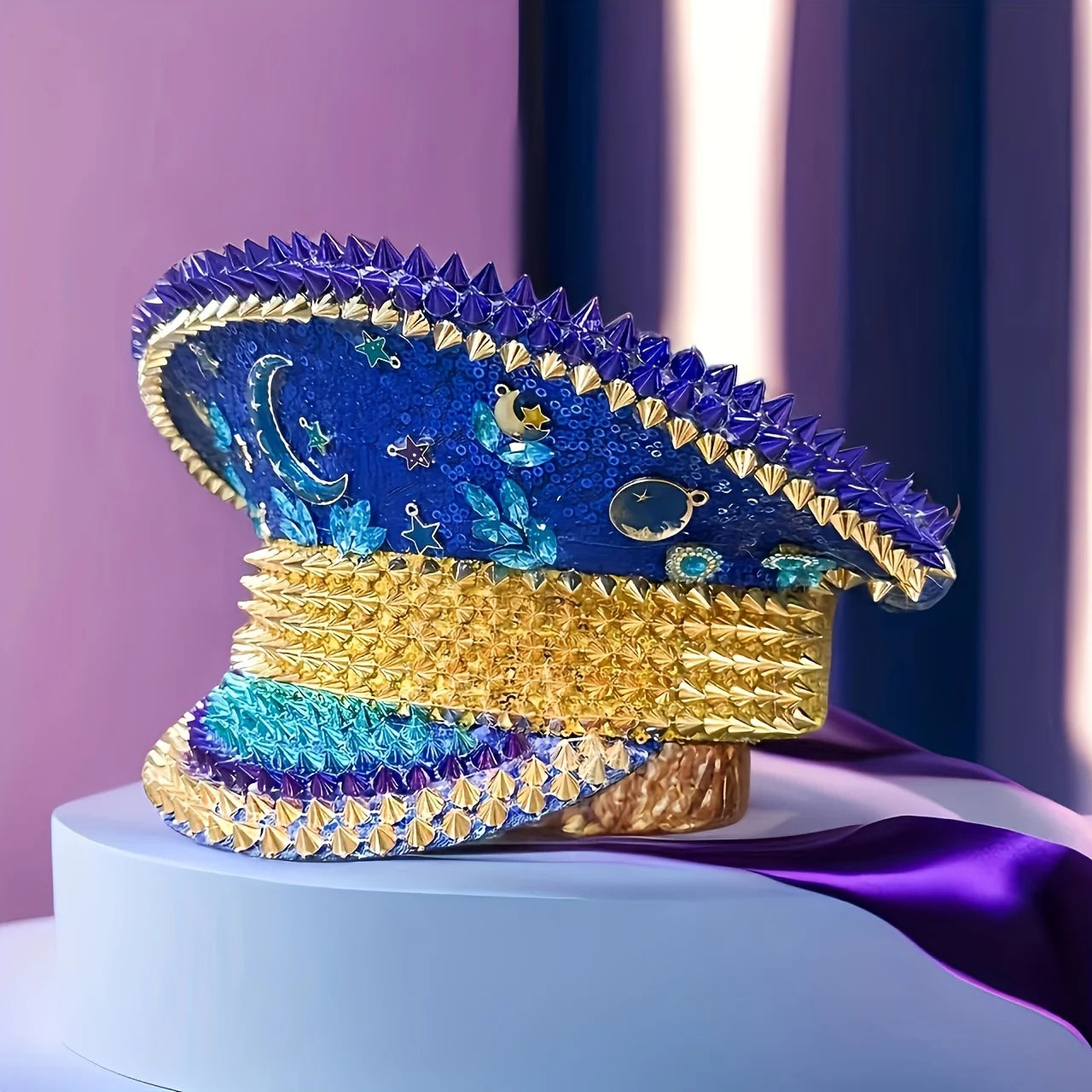 Royal Moonlight Festival Captain Hat – Blue & Gold Handmade Glam by Glovia Headwear