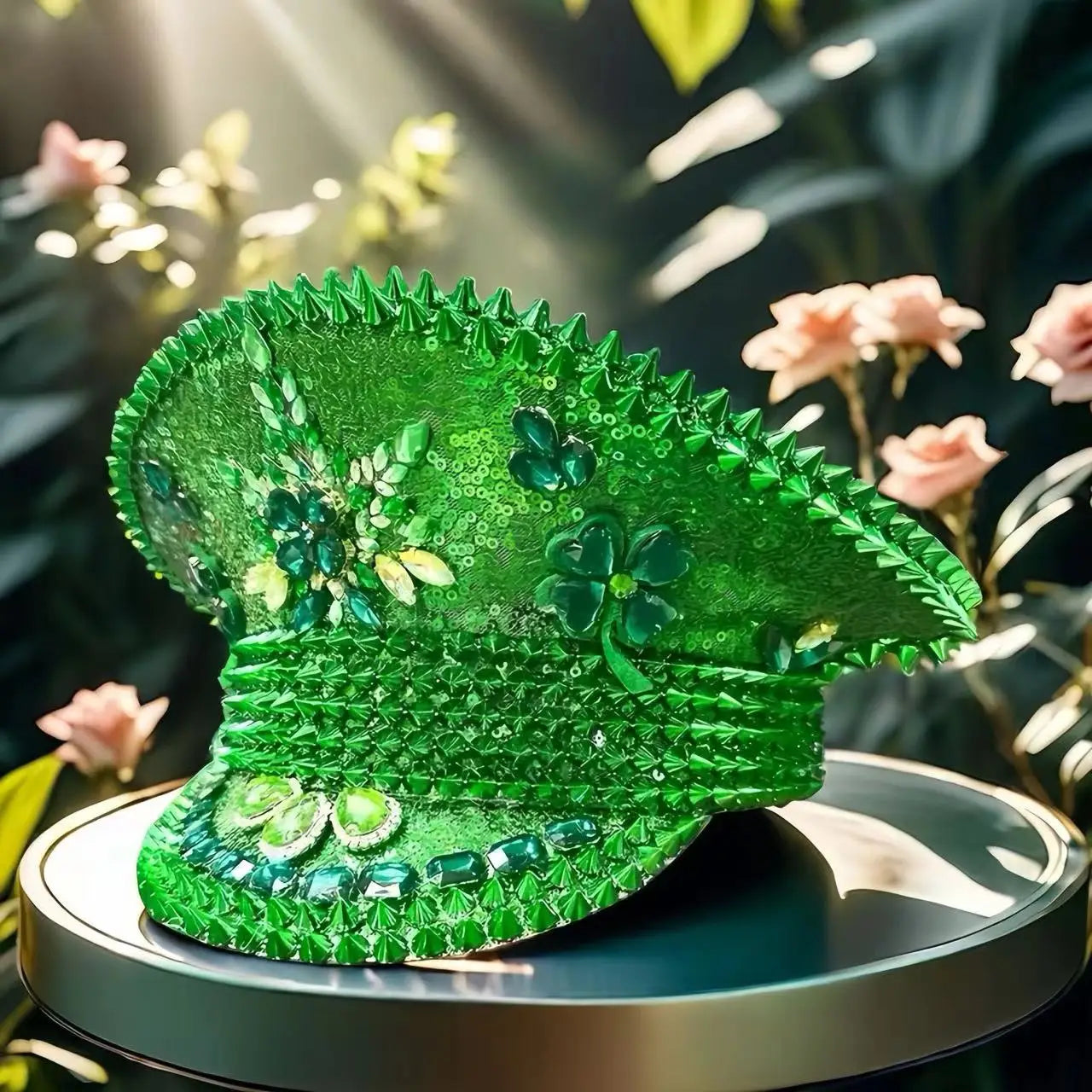 Green Clover Festival Captain Hat – Handmade Sequin Statement by Glovia
