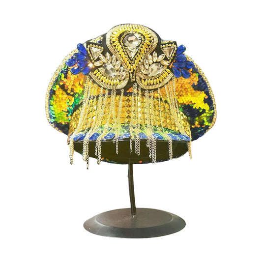 Bling Festival Captain Hat – Handmade Yellow Sequin & Rhinestone Steampunk Rave Cap | Glovia Headwear