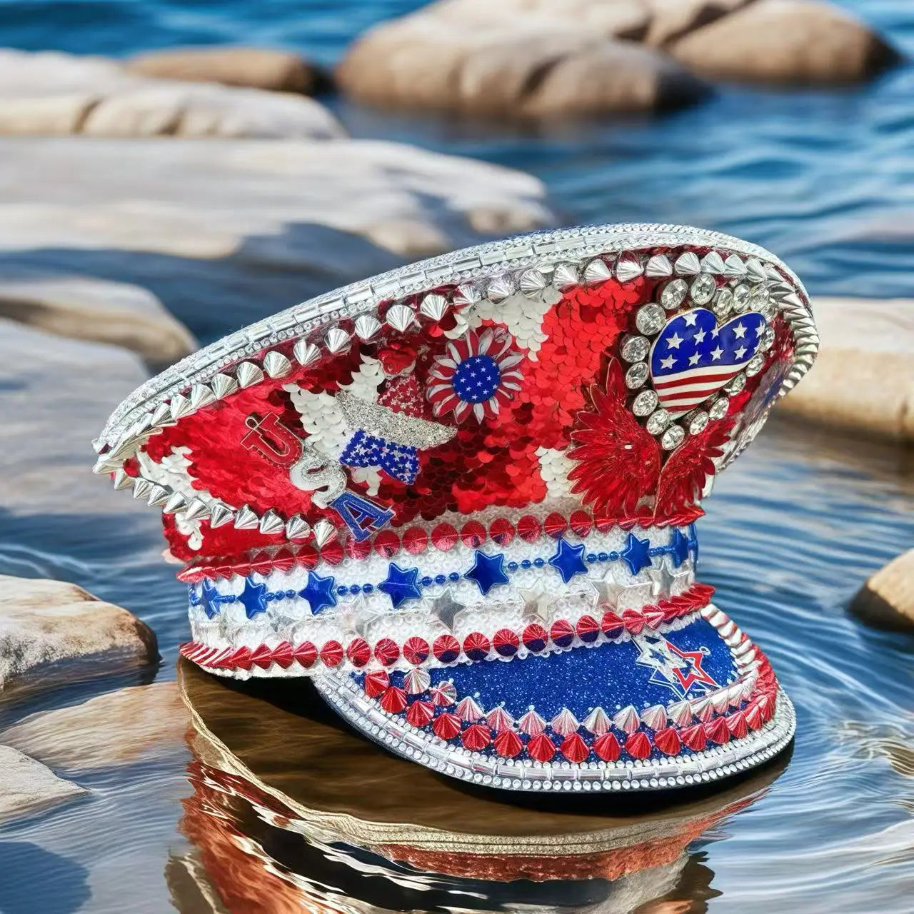 Patriotic USA Festival Captain Hat – Handmade Sequin & Rhinestone Cosplay Cap | Glovia Headwear