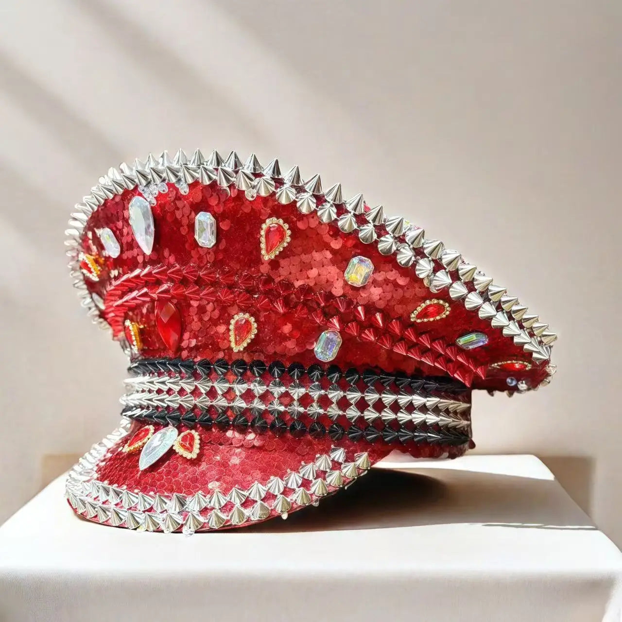 Red Royal Sequin Festival Hat – Handmade Rhinestone Captain Cap | Glovia Headwear