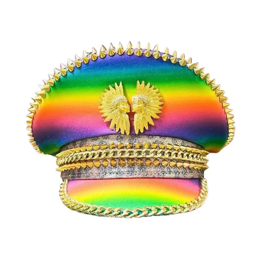 Rainbow Crystal Festival Hat – Sequin Spiked Cap for Rave, Pride & Glam Events | Handmade by Glovia Headwear
