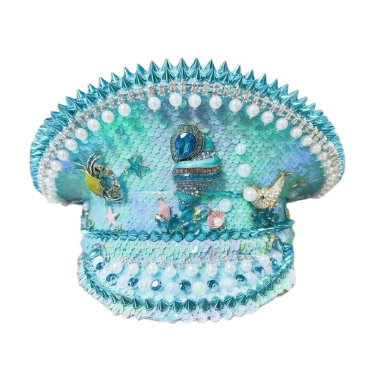 Ocean Shell Festival Captain Hat – Handmade Blue Fantasy by Glovia Headwear