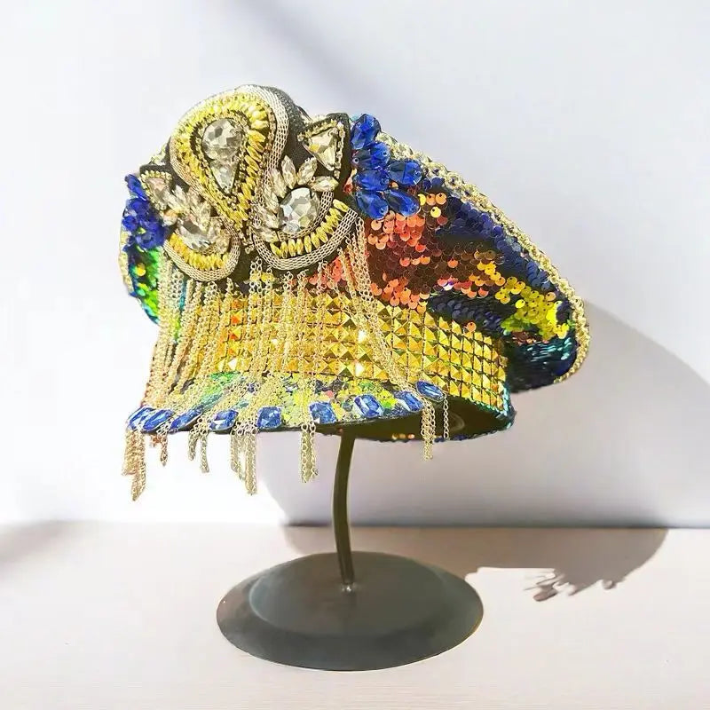 Bling Festival Captain Hat – Handmade Yellow Sequin & Rhinestone Steampunk Rave Cap | Glovia Headwear