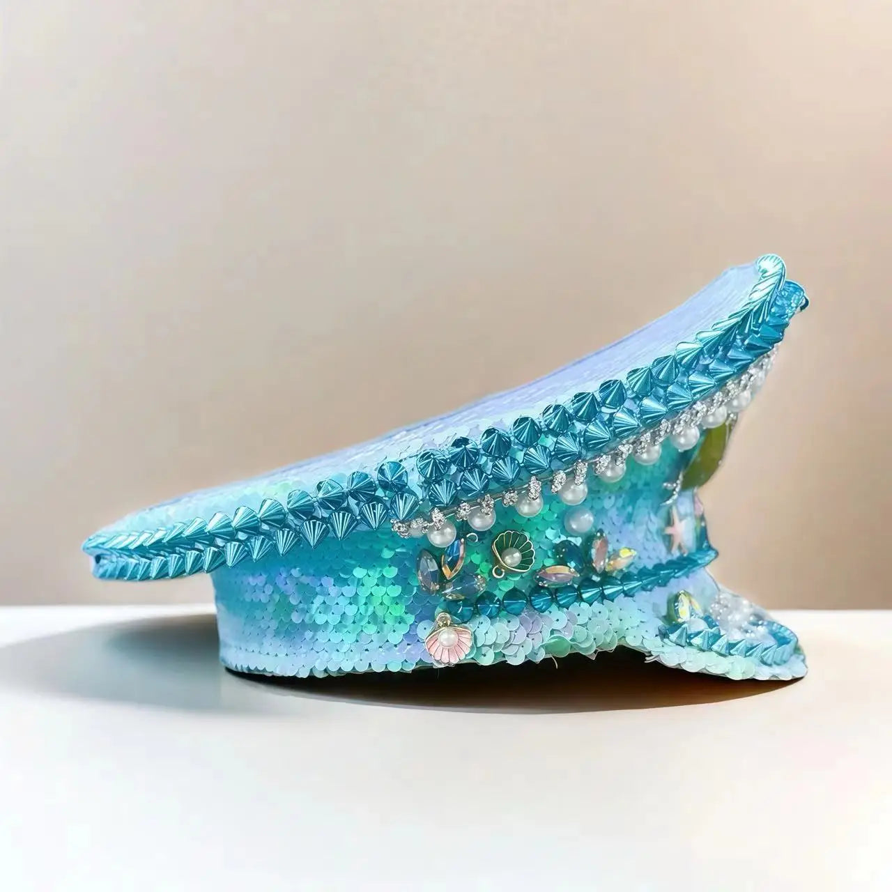 Ocean Shell Festival Captain Hat – Handmade Blue Fantasy by Glovia Headwear