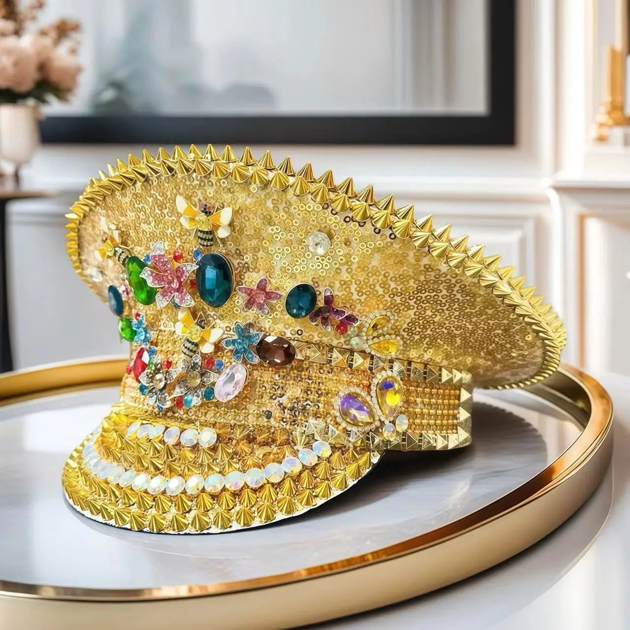 Golden Bee Festival Captain Hat – Handmade Rhinestone & Sequin Cap | Glovia Headwear