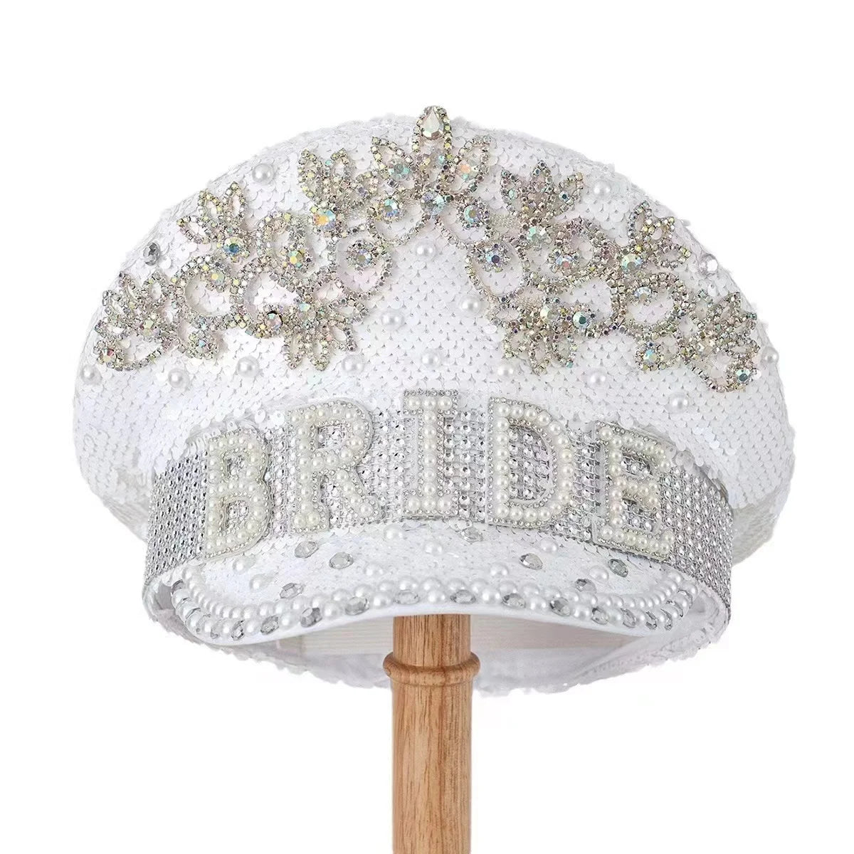 Luxury Bride Festival Hat – Handmade Sequin White Captain Cap | Glovia Headwear