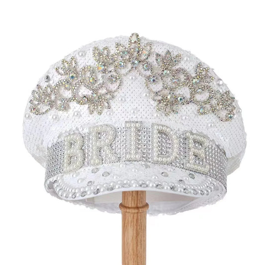 Luxury Bride Festival Hat – Handmade Sequin White Captain Cap | Glovia Headwear