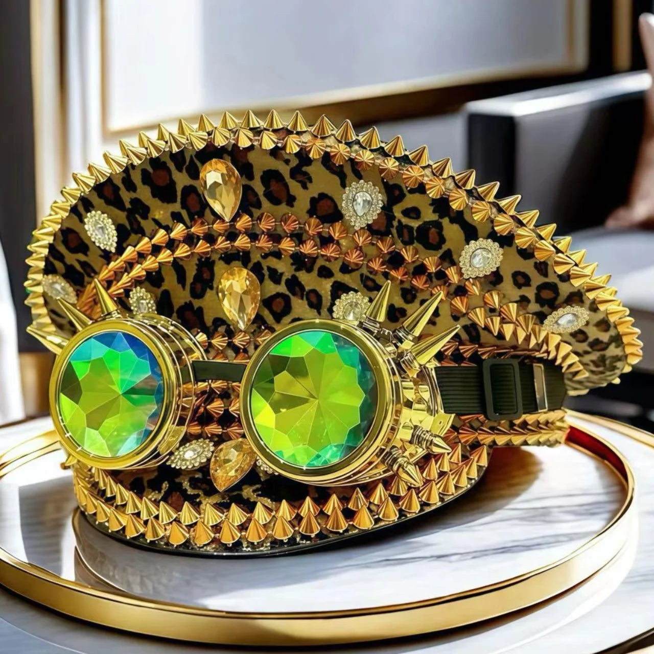 Leopard Steampunk Festival Hat – Handmade Captain Cap with Goggles by Glovia Headwear