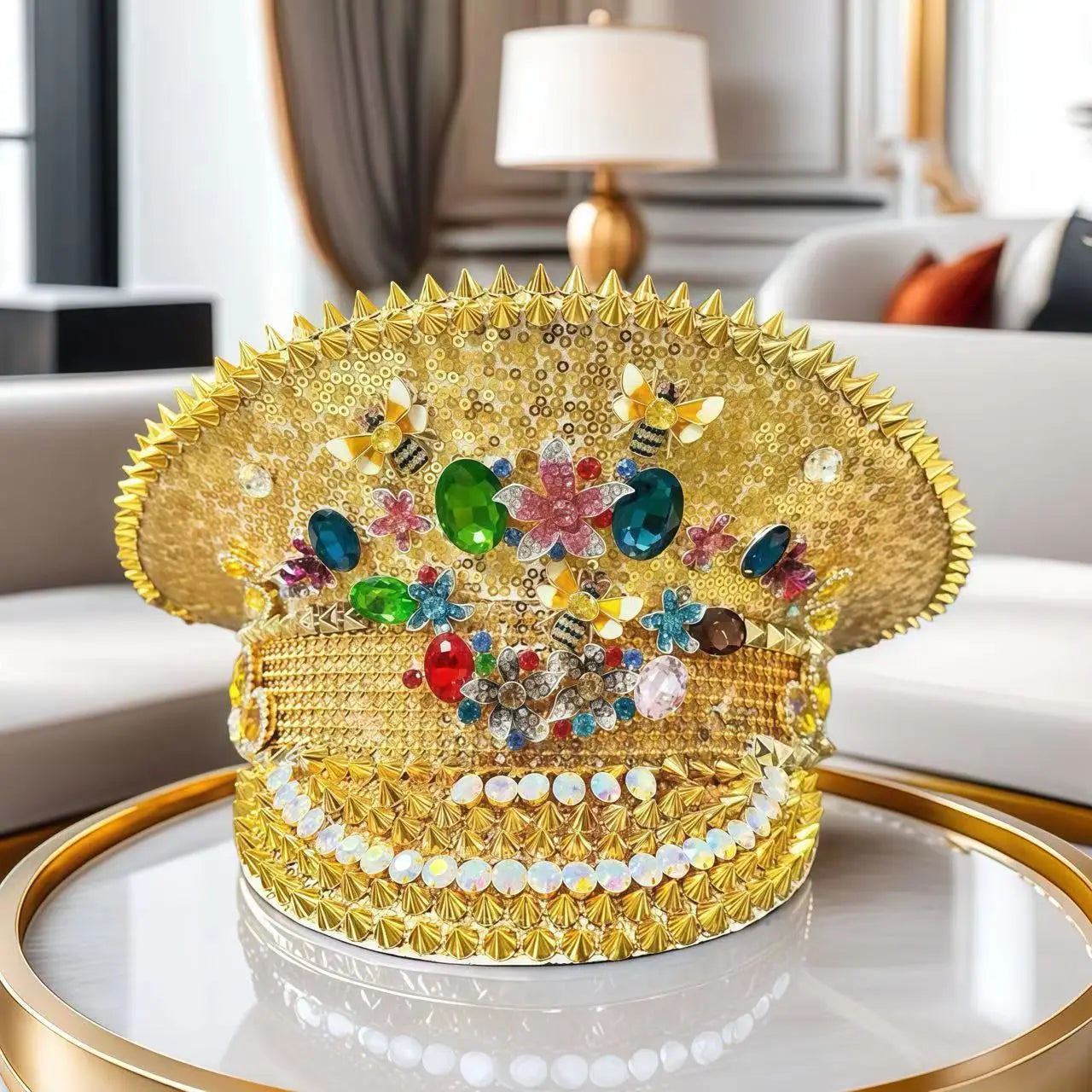 Golden Bee Festival Captain Hat – Handmade Rhinestone & Sequin Cap | Glovia Headwear