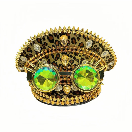 Leopard Steampunk Festival Hat – Handmade Captain Cap with Goggles by Glovia Headwear