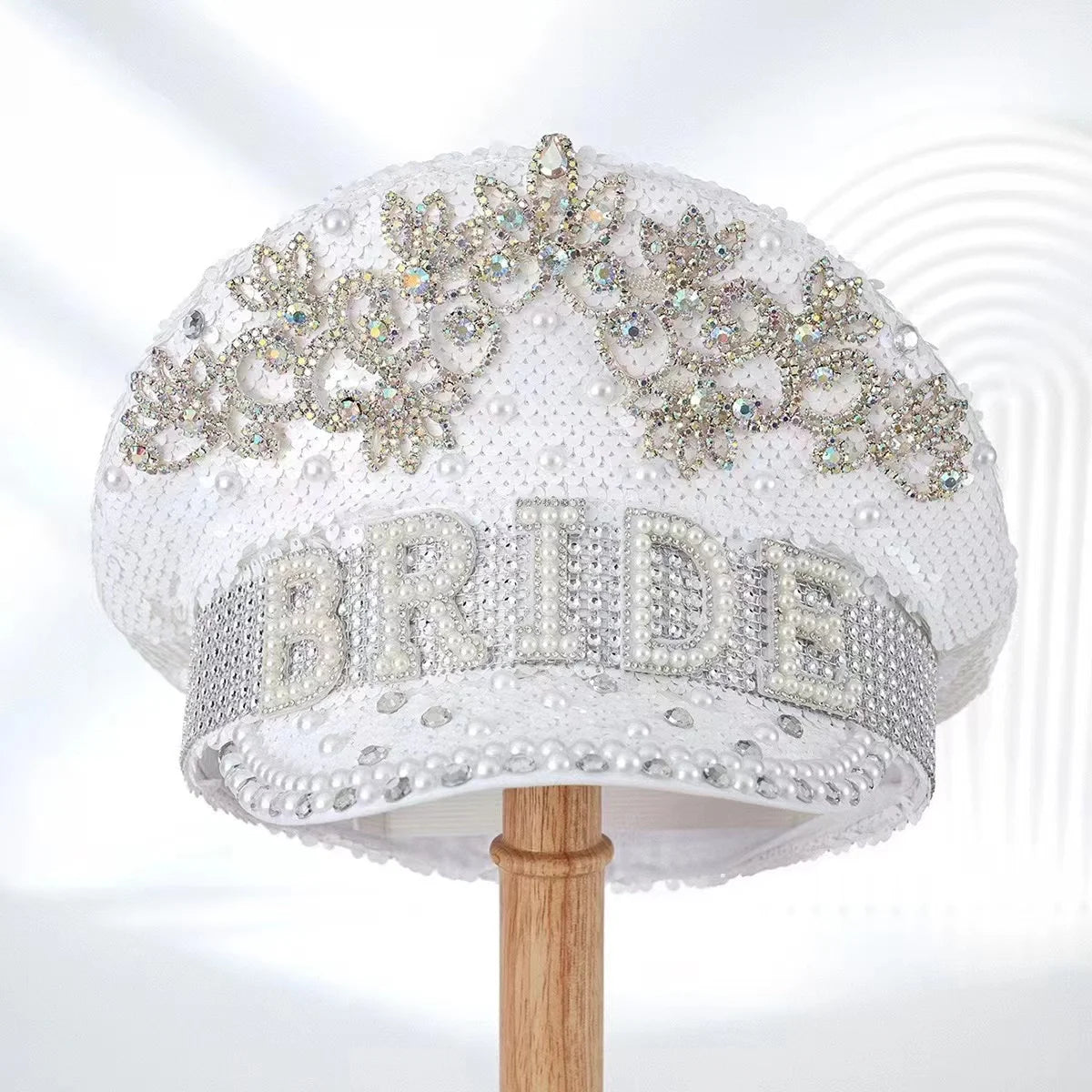 Luxury Bride Festival Hat – Handmade Sequin White Captain Cap | Glovia Headwear
