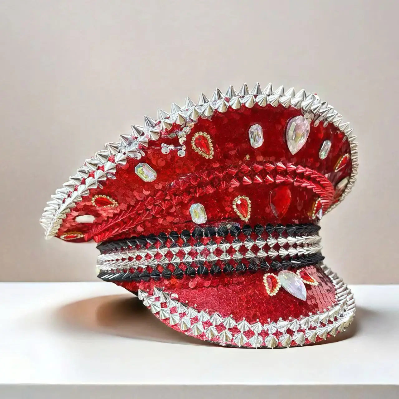 Red Royal Sequin Festival Hat – Handmade Rhinestone Captain Cap | Glovia Headwear