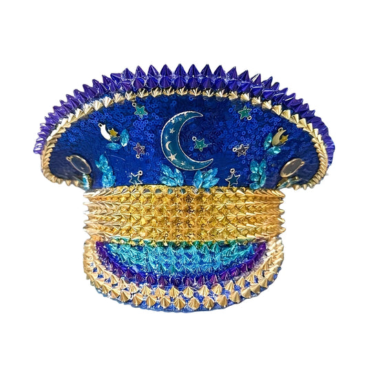 Royal Moonlight Festival Captain Hat – Blue & Gold Handmade Glam by Glovia Headwear