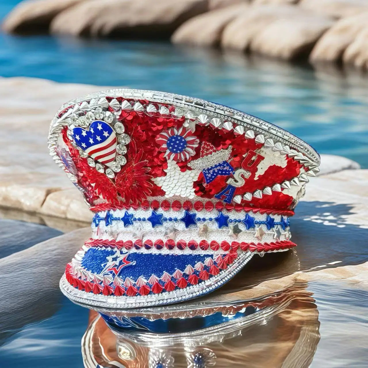 Patriotic USA Festival Captain Hat – Handmade Sequin & Rhinestone Cosplay Cap | Glovia Headwear
