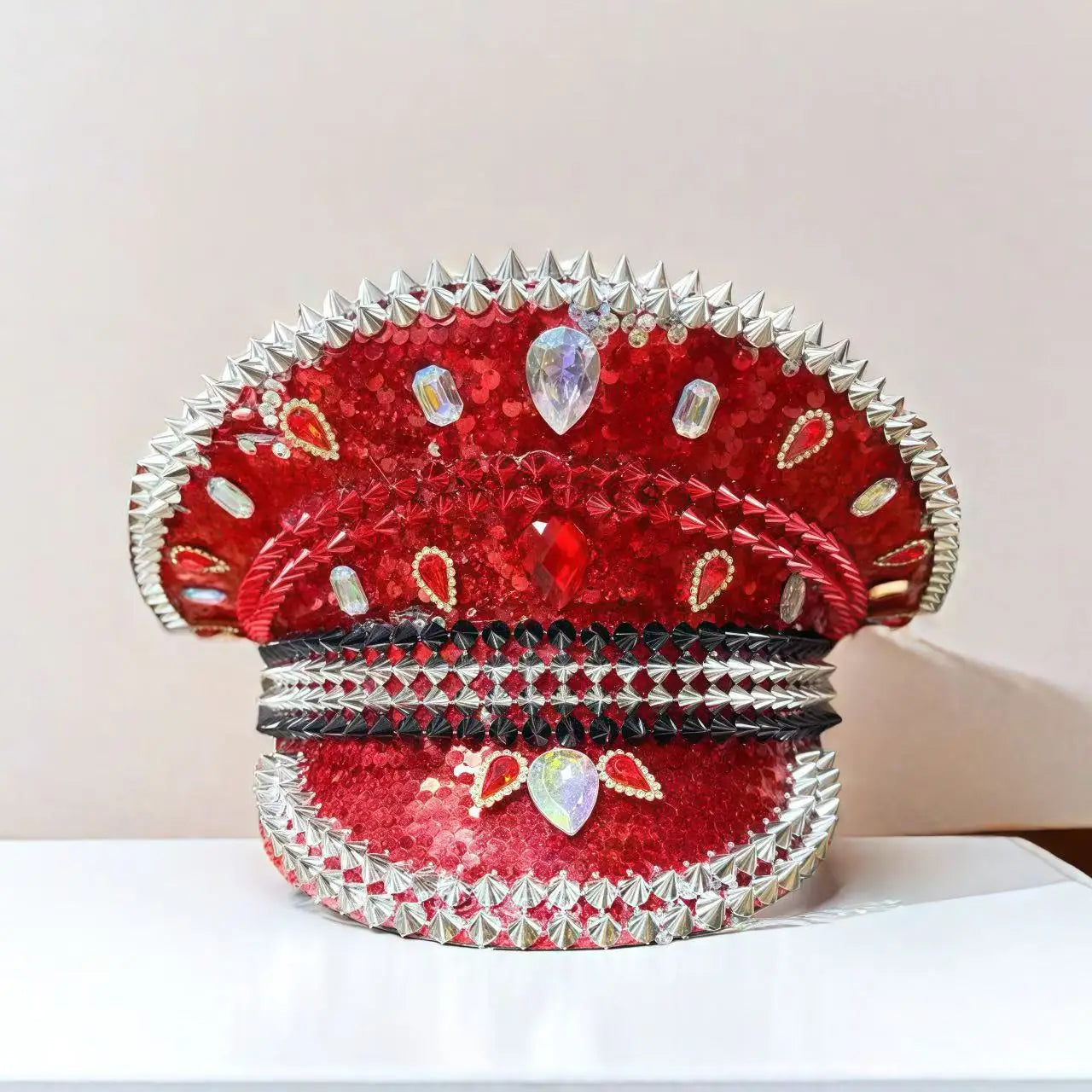 Red Royal Sequin Festival Hat – Handmade Rhinestone Captain Cap | Glovia Headwear