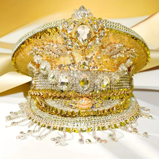 Gold Royal Festival Captain Hat – Handmade Sequin Crown with Tassels by Glovia