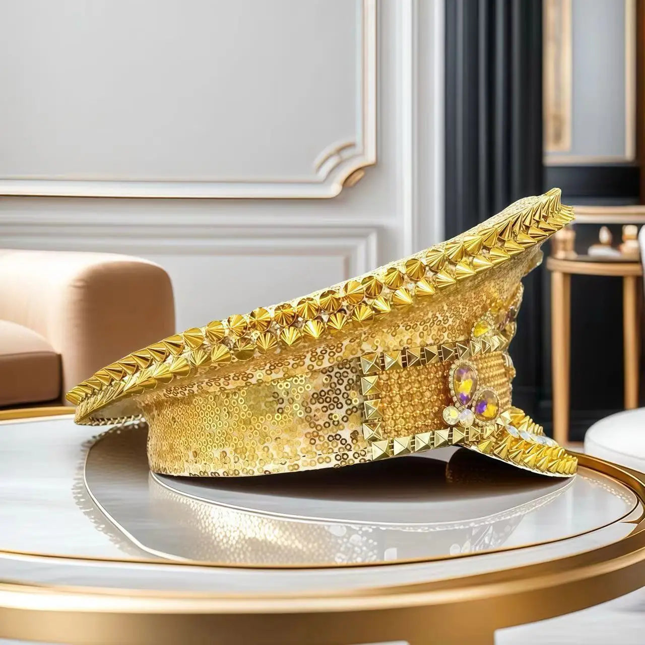 Golden Bee Festival Captain Hat – Handmade Rhinestone & Sequin Cap | Glovia Headwear