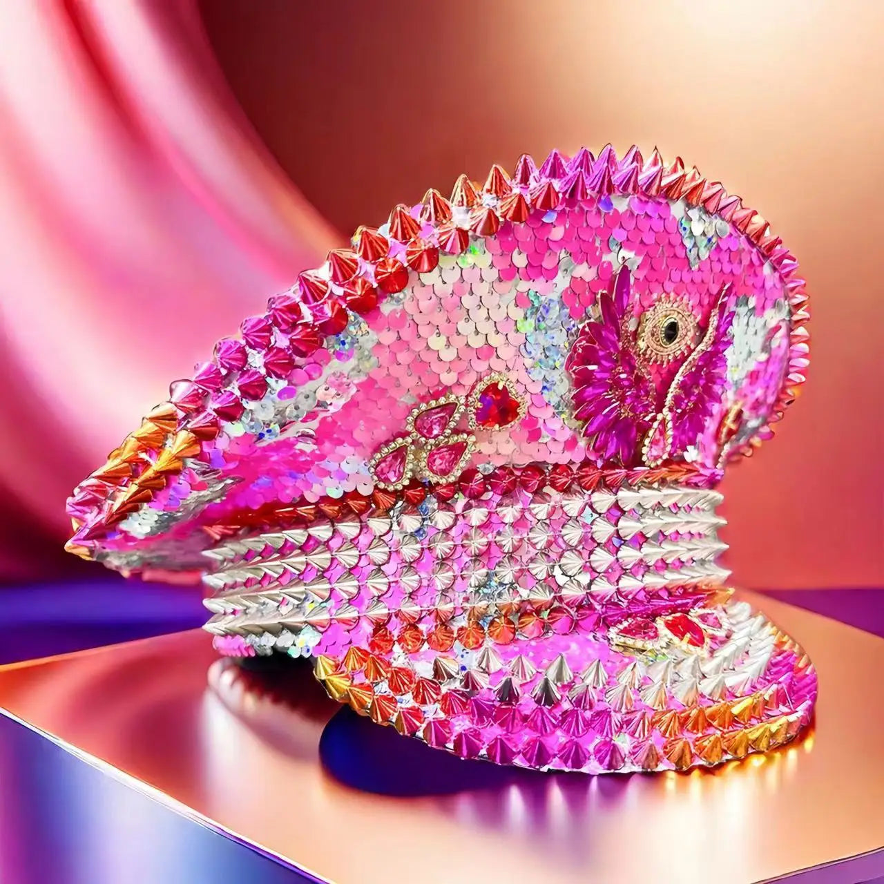 Luxury Pink Festival Captain Hat – Handmade Spiked Crystal Pride Cap | Glovia Headwear