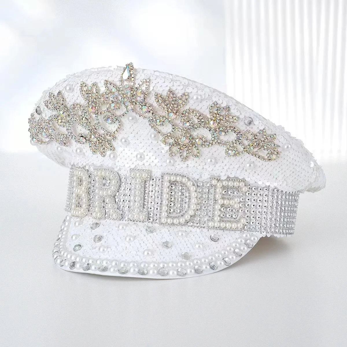 Luxury Bride Festival Hat – Handmade Sequin White Captain Cap | Glovia Headwear