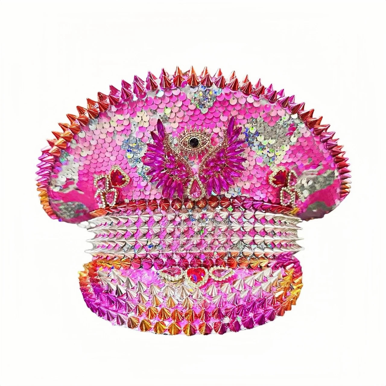 Luxury Pink Festival Captain Hat – Handmade Spiked Crystal Pride Cap | Glovia Headwear